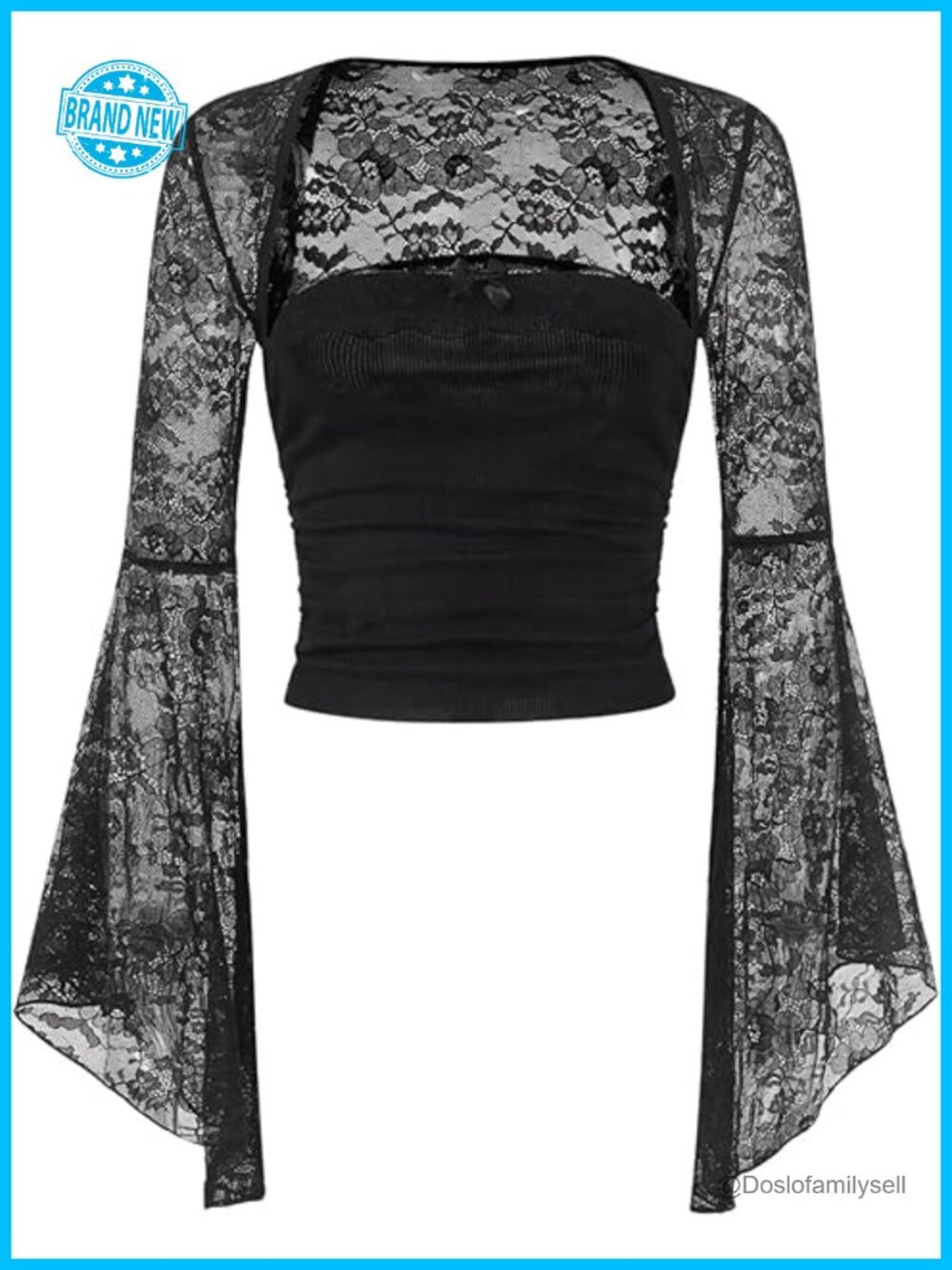 Gothic Bell Sleeve Square Neck Ruched Blouse Y2K Lace Top